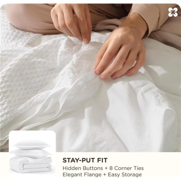 Cotton Duvet Cover Queen - 100% Cotton Waffle Weave Coconut White Duvet - Picture 5 of 7